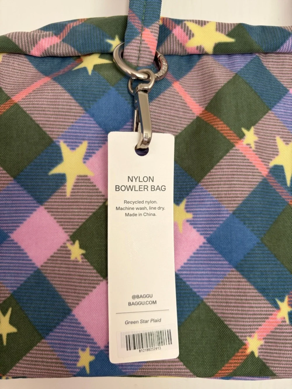 NWT BAGGU Green Star Plaid Regular Bowler Bag - Picture 2 of 4
